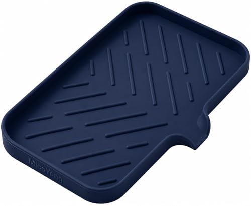 MicoYang Silicone Soap Dish with Drain Spout — Self-Draining Sink Organizer Tray for Bathroom & Kitchen, Sponges, Dispensers & Soap Holder, Non-Slip & Dishwasher Safe, Navy Blue (Medium, 9.6"×5.3") - color: Navy Blue, size: M(9.6"×5.3")