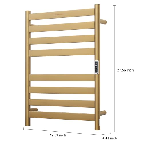 Heated Wall Mounted Electric Towel Warmer Rack,Timer & Temperature Control, 8 Bar Stainless Steel Towel Heater for Bathroom, Brushed Gold, Plug-in(27.56x19.69x4.41in) - color: Brushed Gold, size: 8 Bars