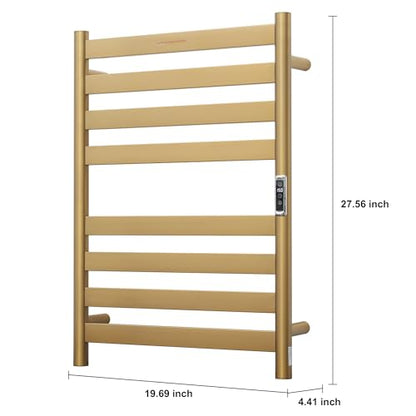 Heated Wall Mounted Electric Towel Warmer Rack,Timer & Temperature Control, 8 Bar Stainless Steel Towel Heater for Bathroom, Brushed Gold, Plug-in(27.56x19.69x4.41in) - color: Brushed Gold, size: 8 Bars