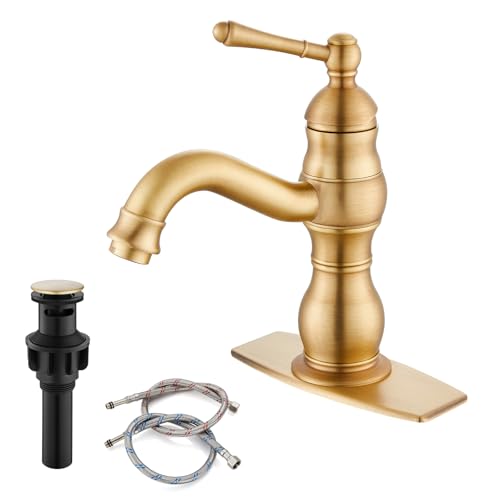 gotonovo Bathroom Faucet 1 Hole Vintage,Antique Brass,5.9” Spout Reach | Bathroom Sink Faucet for 1 or 3 Hole Single Handle,Deck Plate,360° Swivel Spout,Pop Up Drain,cUPC Supply Hoses,for Vanity RV - color: Antique Gold, size: 5.9" Spout Reach