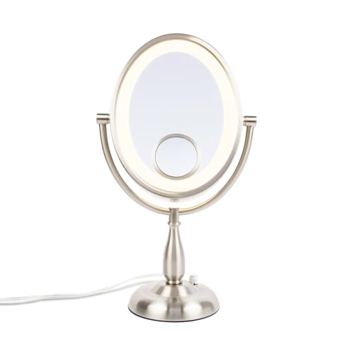 JERDON Lighted Makeup Mirror with 10X Magnification - Nickel - HL9510NL | Two-Sided 1X View, 8" x 10" Oval Frame, 15X Spot Mirror, 17.5" Tall - color: Nickel Tabletop