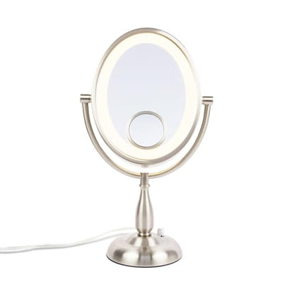 JERDON Lighted Makeup Mirror with 10X Magnification - Nickel - HL9510NL | Two-Sided 1X View, 8" x 10" Oval Frame, 15X Spot Mirror, 17.5" Tall - color: Nickel Tabletop
