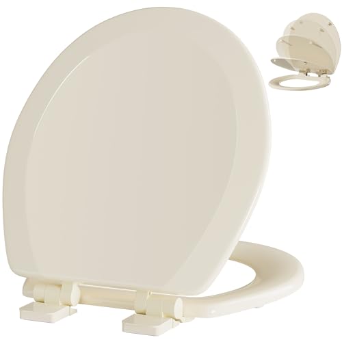 Angol Shiold Slow Close Wood Toilet Seat（Bone, Round 16.5''） | Durable enameled wood round toilet seat, adjustable non-slip hinges, anti-pinch bumpers, easy to install and clean