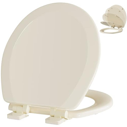 Angol Shiold Slow Close Wood Toilet Seat（Bone, Round 16.5''） | Durable enameled wood round toilet seat, adjustable non-slip hinges, anti-pinch bumpers, easy to install and clean
