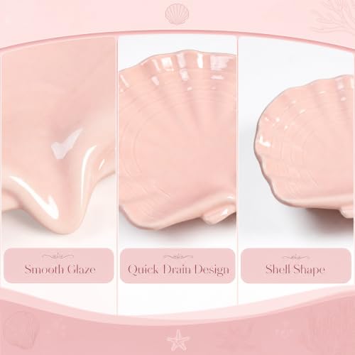 Shell Shaped Ceramic Dish, Self-Draining Glazed Soap Holder, Anti-Slip Tray for Bathroom, Shower & Sink, Cute Elegant Organizer, Easy to Clean – Pink - color: Pink