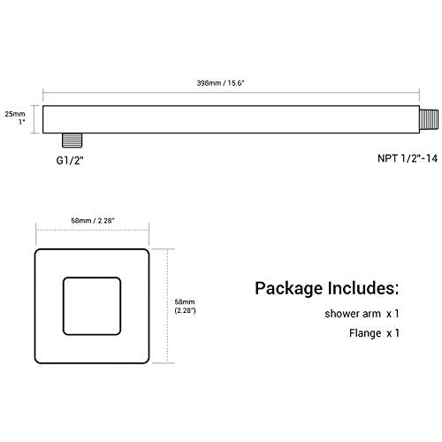 Square Shower Arm with Flange Heavy Duty Stainless Steel Rainfall Shower Head Extension Pipe, Bathroom Wall Mounted 16 Inch Extender Arm, Brushed Nickel - color: Brushed Nickel