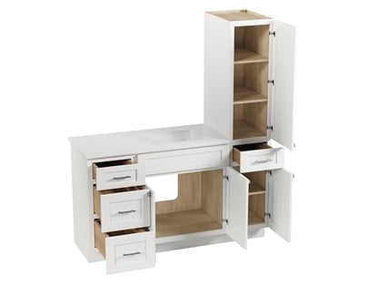 60" Bathroom Vanity with Linen Storage Tower and 4 Drawers, Carrara Quartz Top and Ceramic Sink, Left or Right Tower Option, Solid Wood Frame, 61" x 22" x 72" (White, Right Tall Cabinet) - color: White