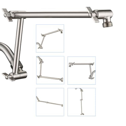 PDPBath Brass 16 Inch Shower Head Extension Arm, Upgrade Flexible Height & Angle Adjustable Shower Arm Extender with Lock Joints, for Fixed Shower Head & Handheld Shower Head, Brushed Nickel - color: Brushed Nickel, style: 6 Inch + 10 Inch