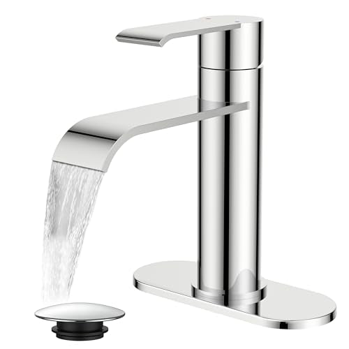 FORIOUS Waterfall Chrome Bathroom Faucet 1 Hole Rv Bathroom Sink Faucet Set | Single Handle Waterfall Bathroom Faucet Single Hole, Polished Chrome Faucet for Bathroom Sink One Hole with Plate and Drain - color: Chrome