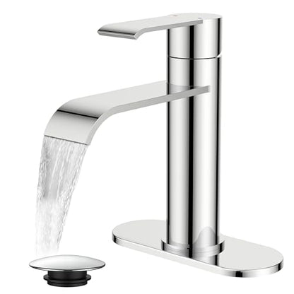 FORIOUS Waterfall Chrome Bathroom Faucet 1 Hole Rv Bathroom Sink Faucet Set | Single Handle Waterfall Bathroom Faucet Single Hole, Polished Chrome Faucet for Bathroom Sink One Hole with Plate and Drain - color: Chrome