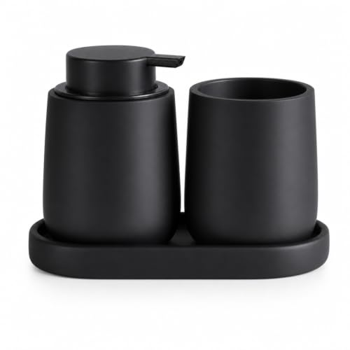 Ceramic Bathroom Accessories Set, 3 Pieces with Soap Dispenser, Toothbrush Holder, and Cup, Matte Black, Polished Finish (Balck) - color: Balck