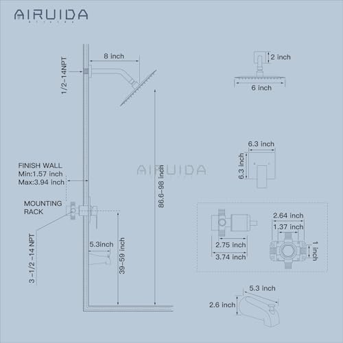 Airuida 6 Inch Shower Faucet Set,Bathtub Faucet Kit,Brushed Nickel | Shower Tub Faucet Set,Male Threads Rough-In Valve,Square Head Shower System - color: Nickel, size: 6 Inch