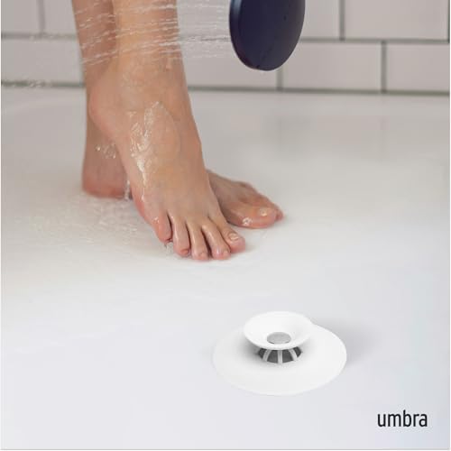 Umbra Flex Hair Catcher, Dual Purpose Shower Drain Stopper, 3-Inch, White | Silicone material, flexible and durable, water resistant, rust proof, easy to clean, fits most standard drains - color: White