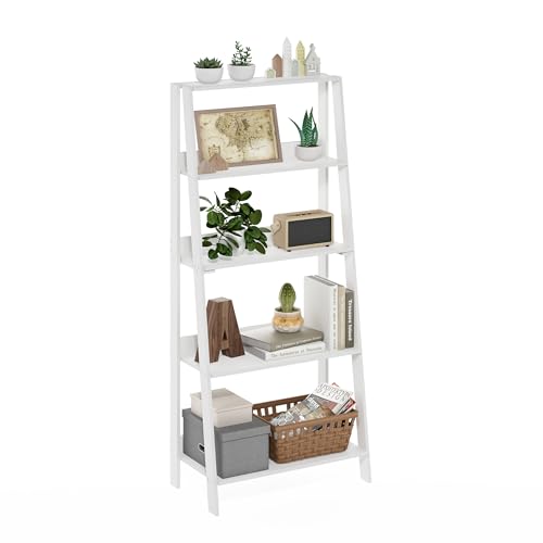Furinno Ladder Bookcase Display Shelf, 5-Tier, White | 13 x 23.6 x 53.5, Open Frame Design Bookshelf, Display Storage Shelves, for Living Room, Home Office - color: White, size: 5-Tier