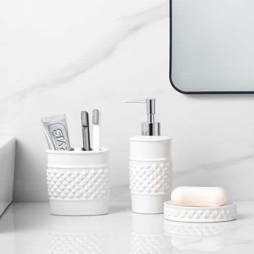 3-Piece White Ceramic Bathroom Accessories Set - Luxurious Soap Dispenser, Toothbrush Holder & Soap Dish with Modern Geo Embossed Design for Bathroom Accessory Set - color: White 024