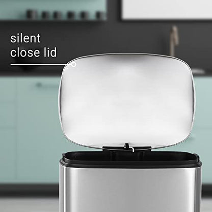 happimess Connor 2-Piece Stainless Steel Trash Can, Platinum Silver | 13.2 and 1.3 Gallons, Rectangular, Soft-Close Lid, Fingerprint Resistant, Step Pedal, 20 Liners, 26" and 12" Height - color: Stainless Steel