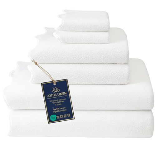Lotus Linen Luxury Scallop Piping Towel Set of 6, 620 GSM 100% Zero Twist Cotton, 2 Bath, 2 Hand Towels, 2 Washcloths, Hanging Loops, Ultra Soft Absorbent Bathroom Essentials (Pack of 6) - color: White Piping, size: Towel Set (Pack of 6)