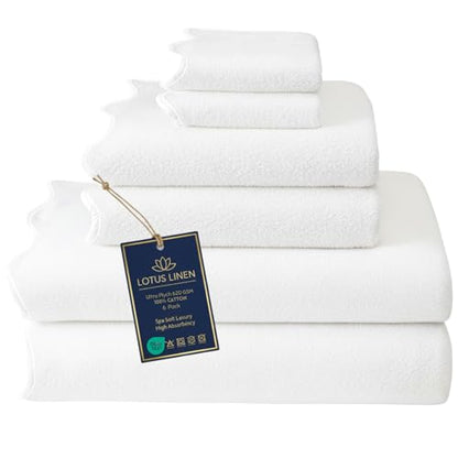 Lotus Linen Luxury Scallop Piping Towel Set of 6, 620 GSM 100% Zero Twist Cotton, 2 Bath, 2 Hand Towels, 2 Washcloths, Hanging Loops, Ultra Soft Absorbent Bathroom Essentials (Pack of 6) - color: White Piping, size: Towel Set (Pack of 6)
