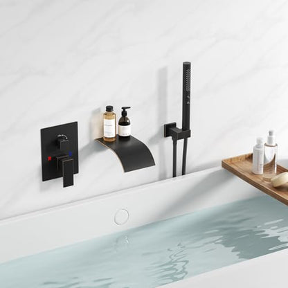 RUMOSE Wall Mount Bathtub Faucet Waterfall Tub Faucet with Handheld Sprayer | Bronze, 2 in 1 Handheld, Modern Bathroom Tub Filler Brass Single Handle Shower Faucet Set, High Flow Rough in Valve - color: Bronze