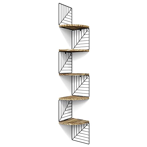 Love-KANKEI Corner Wall Shelf 5 Tier,Solid Wood,51" Tall,Carbonized Black | Easy to Install,Leaf-Shaped Floating Wall Shelves,Capacity 44 Lbs,For Bedroom Living Room Bathroom Kitchen Office,Display - color: Carbonized Black