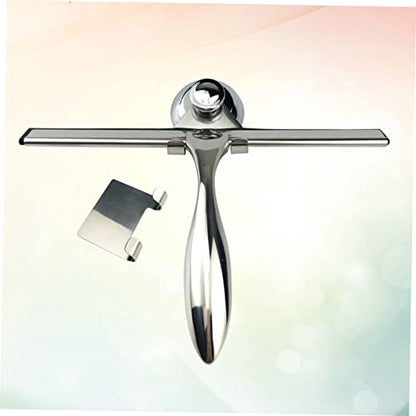 3Pcs Stainless Steel Shower Squeegee for Glass Mirror Bathroom | Suction Cup Mount, Hooks Holder, Rust-Proof Build, Weighted Handle, Space-Saving Storage Placement