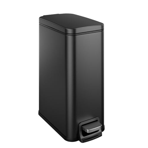 Bathroom Trash Can with Lid Slim 1.6 Gallon Stainless Steel Garbage Can with Removable Inner Bucket Soft Close Lid Durable Step Pedal Trash Bins for Toilet Bedroom Office (Matte Black, 1.6 Gallon) - color: Matte Black, size: 1.6 Gallon