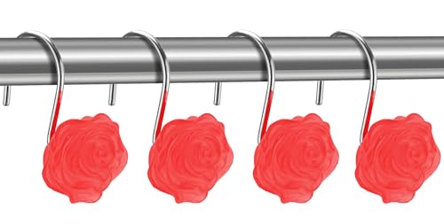 Decorative Rose Flower Shower Curtain Hooks, Red, Glow in The Dark, 12 Pack - color: Red