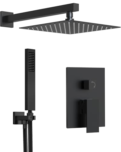 10" Shower System, Wall Mount Shower Faucet Set, Matte Black | Pressure-Balance Rough-In Valve Included, High Flow Square Rainhead, Stainless Steel Fixture for Bath Remodels - color: Matte Black