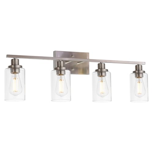 MELUCEE Bathroom Light Fixtures Brushed Nickel 4 Heads with Clear Glass | Modern Vanity Lights Wall Sconce with Clear Glass Shade for Hallway Kitchen Bedroom Living Room (Patent No.: US D963914 S) - color: Brushed Nickel, size: 4-Light