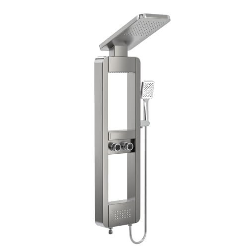ELLO&ALLO Shower Panel Tower System with Shelf, Rainfall Shower Head and Rain Massage System with Body Jets, Stainless Steel Bathroom Fixtures, Brushed Nickel&Chrome
