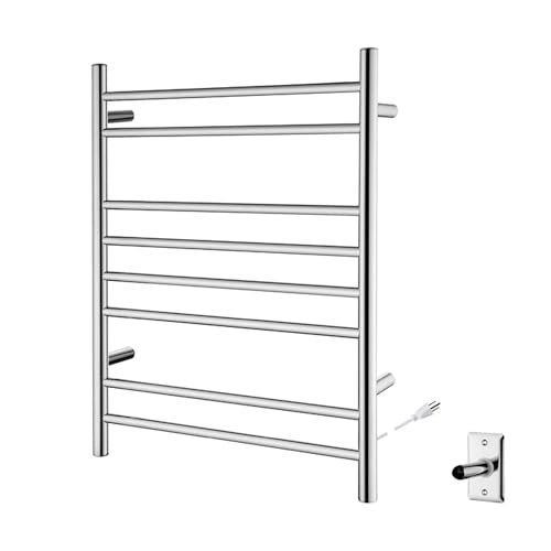 Kibi 24 Inch Wall-Mounted Electric Towel Warmer Rack– 8-Bar 304 Stainless Steel, ETL-Certified, Hardwired or Plug-in, Fast-Heat Up to 122 Degrees F – Heated Towel Rack for Bathroom (Chrome) - color: Chrome