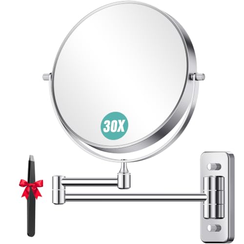 Auxmir 8" Double-Sided Wall-Mounted Makeup Mirror, 1X/30X Magnifying Mirror | stainless steel, 13-inch extendable swivel arm, 360°shaving rotation, bathroom makeup mirror, ideal for skincare, tweezers - color: Chrome-1x/30x