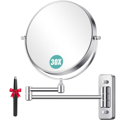 Auxmir 8" Double-Sided Wall-Mounted Makeup Mirror, 1X/30X Magnifying Mirror | stainless steel, 13-inch extendable swivel arm, 360°shaving rotation, bathroom makeup mirror, tweezers, Chrome - color: Chrome-1x/30x