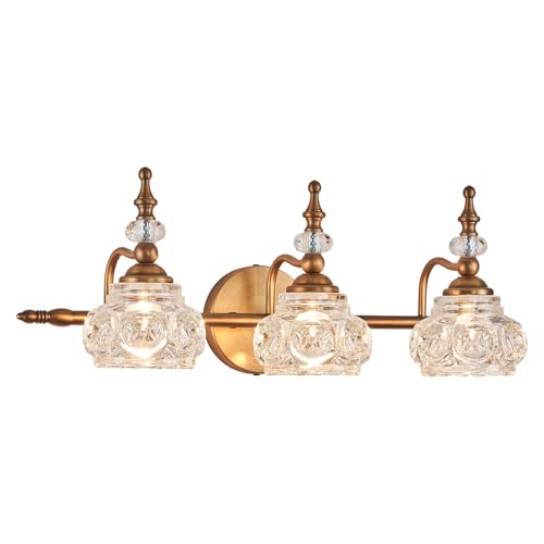 Vintage Vanity Light Fixture, 3 Lights Bathroom Lighting Matte Brushed Antique Brass Finish with Crystal Glass Shade, Vintage Vanity Light for Bathroom Bedroom Living Room - color: Brass, size: 3-Light (1-Pack)