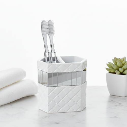 Creative Scents Quilted Mirror White Toothbrush Holder – Bathroom Toothbrush Organizer - Decorative Toothbrush and Toothpaste Holder for Bathroom Holds Multiple Toothbrushes and Paste - style: Toothbrush Holder