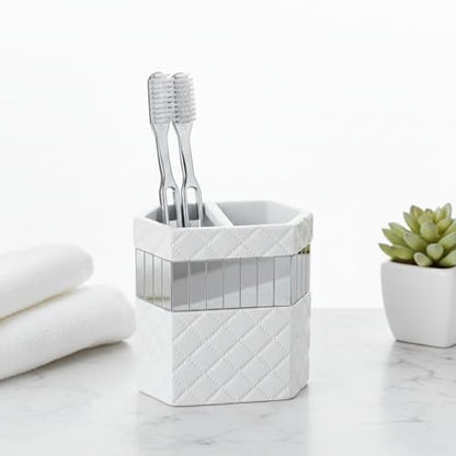 Creative Scents Quilted Mirror White Toothbrush Holder – Bathroom Toothbrush Organizer - Decorative Toothbrush and Toothpaste Holder for Bathroom Holds Multiple Toothbrushes and Paste - style: Toothbrush Holder