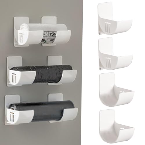 Trash Bag Dispenser, Trash Bag Holder, 4PCS Wall Mounted Trash Bag Dispenser, Waterproof Self-Adhesive Garbage Bag Dispenser, Plastic Bag Holder for Kitchen Bathroom, White