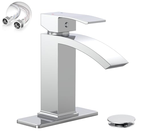 Chrome Waterfall Bathroom Faucet for 1 or 3 Holes, Brass | Single Handle Bathroom Sink Faucets for Lavatory Commercial Vanity, Basin Taps with Deck Plate, Pop Up Drain and Supply Line - color: Chrome, size: Short