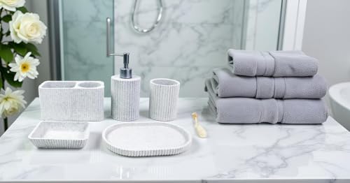 Hymmah Marble Pattern Bathroom Accessories Set, Toothbrush Holdr Set, 5 Pieces Resin Bathroom Set with Toothbrush Holder, Soap Dispenser, Soap Dish,Tumbler (Gray Granite) - color: Gray Granite