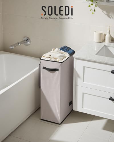 SOLEDI Slim Laundry Hamper with Lid, Narrow Laundry Basket with Removable Bags, Dirty Clothes Hamper with handle, Small Hamper perfect for Laundry room, Bathroom, Bedroom, Small spaces.Light taupe - color: Light taupe, size: 70L