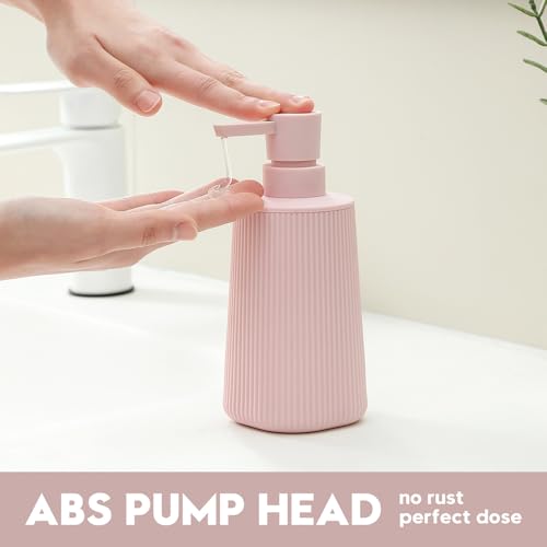 YAUKPH Small Soap Dispenser for Bathroom and Kitchen Matte Pink for Girls | Modern Farmhouse Striped Style Plastic Hand Soap Dish Soap Dispenser with Pump - color: Light Pink