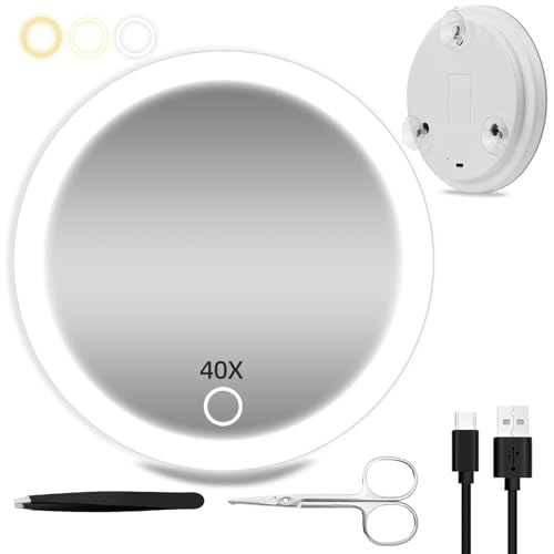 40X Magnifying Mirror with Light, 6inch Compact Travel Size, 3 Color Lights Adjustable Brightness, Rechargeable 40X Makeup Magnification Mirror with 3 Suction Cups - Includes Tweezers & Scissors - color: White-40x