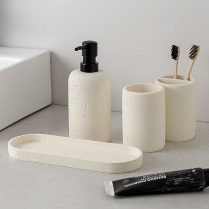 Bathroom Accessories Set,4 PCS Travertine Stone Look Collection,Cream | Modern Bath Organizer with 13.53 OZ Soap Dispenser, Toothbrush Holder, Tumbler, Vanity Tray for Countertop Kitchen Sink - color: Cream