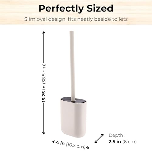 Oval Toilet Brush & Holder Set, Steel Handle, Deep Clean, Polyresin, Beige | Compact, Toilet cleaning, Daily hygiene, Guest bathroom, Small spaces, Hygienic Discreet Holder, Easy to Clean, Sturdy Build - color: Beige
