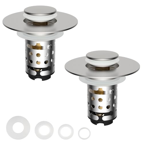 2PCS Universal Bathroom Sink Drain Strainer Hair Catcher, Brushed Nickel | Upgraded with 2-Layer Detachable Filter Basket, 4 in 1 Pop Up Drain Strainer, Anti-Clog, Fit for 1.1''~2.36'' Sinks - color: Brushed Nickel