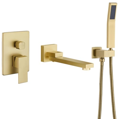 DASAN Swiveling Wall Mount Tub Filler Faucet Set with Hand Held Shower, Brushed Gold Modern Creative Bathtub Faucet Wall Mounted Bath Tub Faucet with High Flow Rough in Valve, SA-TF05WH-BG - color: Brushed Gold