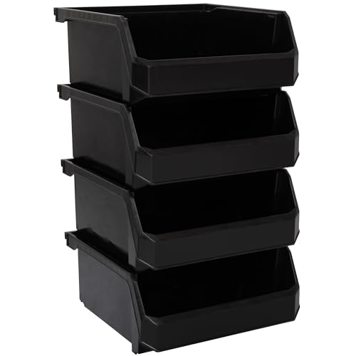 Medium-Wide Stackable Plastic Storage Bins, 4-Pack, Black | Open-Front Stackable Bins For Garage, Pantry, Closet & Office, 11"L X 11"W X 5"H, Nests When Empty, Durable Plastic, - color: Black, size: Medium-Wide, 4-Pack