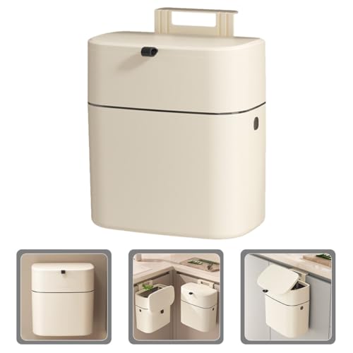 KOMBIUDA 12l Hanging Trash Can with Lid, Wall-Mounted Sealed Garbage Bin for Kitchen and Bathroom, No-Drill Installation, Plastic Waste Container in Light Beige for Home Organization