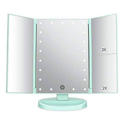 Tri-Fold Lighted Vanity Tabletop Mount Mirror with 21 LED Lights, Touch Screen and 3X/2X/1X Magnification, Two Power Supply Mode Make up Mirror,Travel Mirror - color: Green