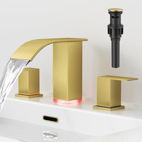 RUMOSE LED Bathroom Faucets Set 3 Hole Vanity Faucet with Pop Up Drain | Brushed Gold Bathroom Sink Faucet, Widespread Waterfall, 3 Colors Light Changing, Stainless Steel, Deck Mounted - color: Brushed Gold